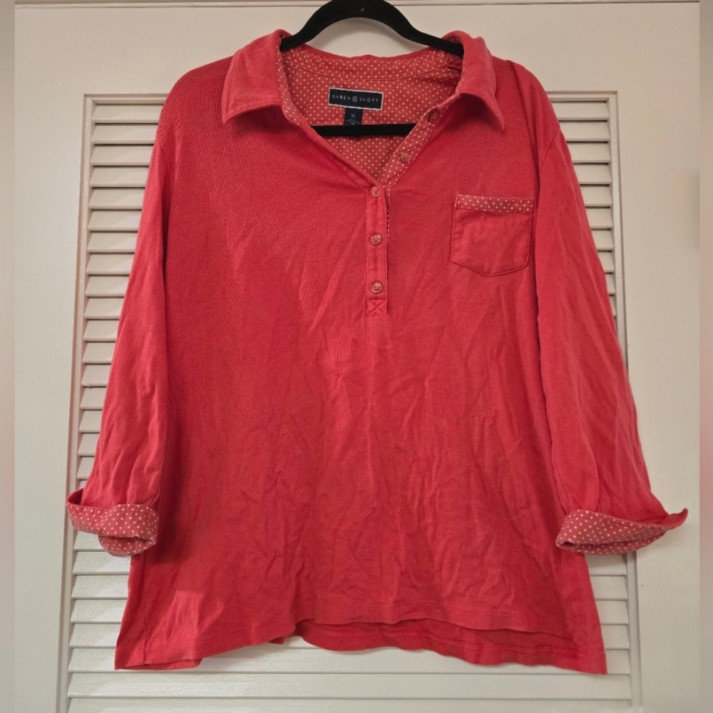 Karen Scott - Pink Long-Sleeve Top With White Polka-Dot Detail